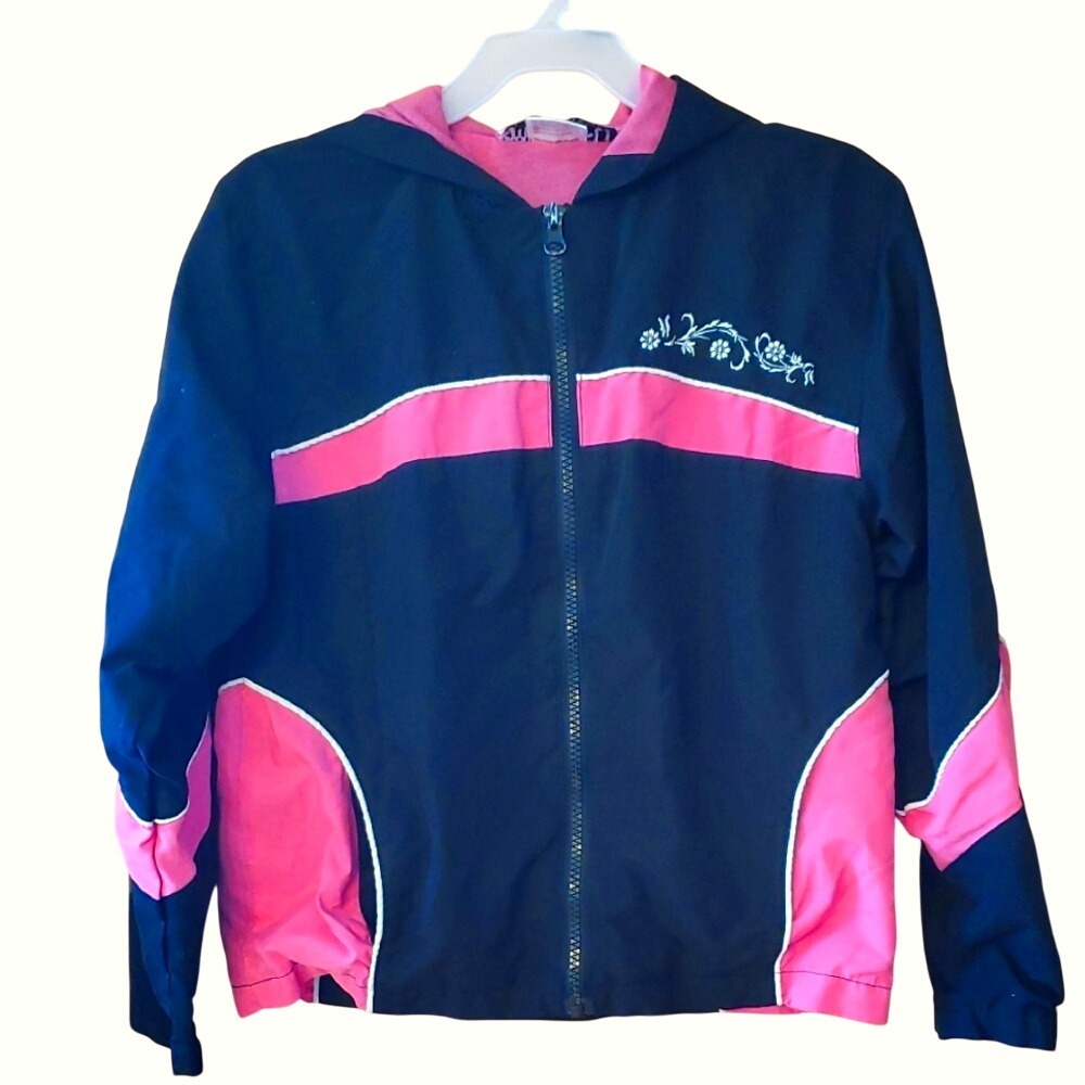 Girly Girl Black and Pink Hooded Lightweight‎ Jacket with Embroidery Size 8/10